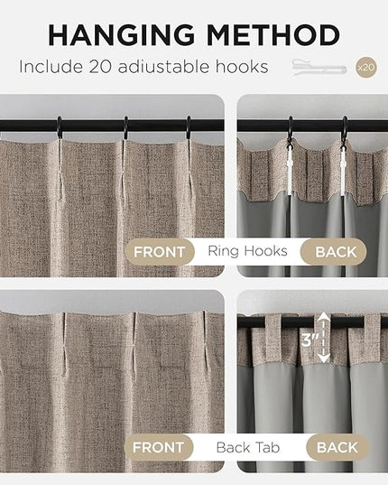 Joydeco Pinch Pleated Curtains - 100% Blackout for Bedroom, Linen Curtains 40" W x 108" L, Thermal Insulated 2 Panels Light Blocking Drapes, Back Tabs for Living Room
