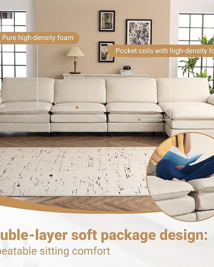 VINGLI 156" Cloud Couch, Comfy Modular Sectional Sofa Set for Living Room,L-Shaped Linen 4-Seat Convertible Loveseat Sofa with 1 Ottoman for Small Space.(Beige)