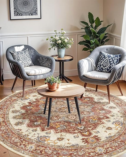 Washable Oriental Area Rug - 6ft Round Rugs for Living Room Soft Carpet for Bedroom Waterproof Floral Distressed Indoor Stain Resistant Non-Shedding Floor Carpets (Red, 6ft-Round)