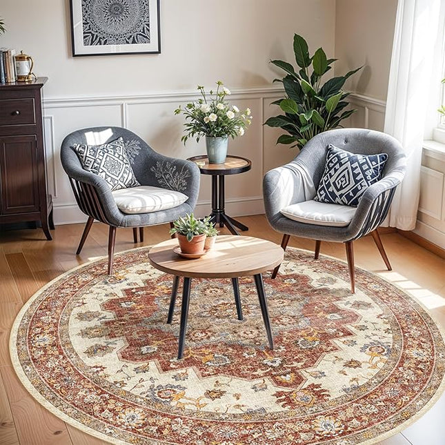 Washable Oriental Area Rug - 6ft Round Rugs for Living Room Soft Carpet for Bedroom Waterproof Floral Distressed Indoor Stain Resistant Non-Shedding Floor Carpets (Red, 6ft-Round)