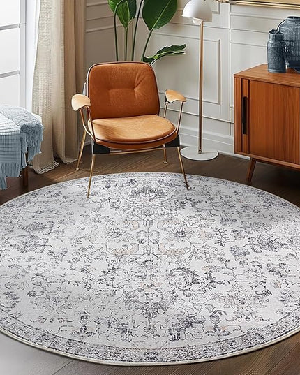 jinchan Kalen Round Rug 7ft Area Rug Washable Vintage Indoor Retro Floor Cover Distressed Gray Floral 7' Round Circle Boho Non Slip Thin Carpet for Living Room Dining Room Bedroom Kitchen Grey