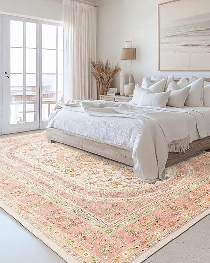 8x10 Area Rugs Washable,Pink Rug for Living Room Bedroom Dining Room,Large Boho Vintage Bohemian Distressed Farmhouse Carpet Non Slip,Blush Floral