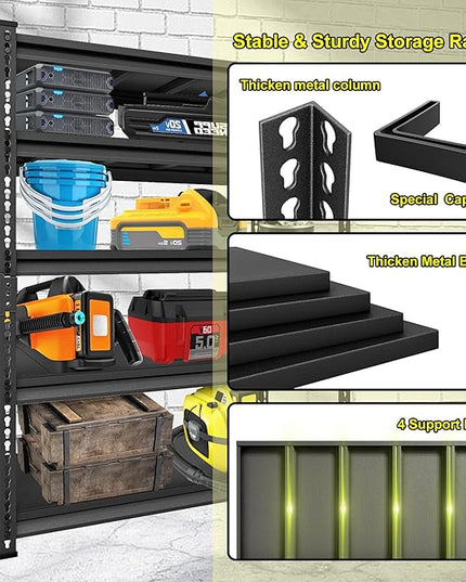 Metal Heavy Duty Garage Shelves: 48''W 3,000Lbs Steel Adjustable Storage Industrial Utility Shelving Rack Units 5 Tier Black 48" W x 24" D x 78" H