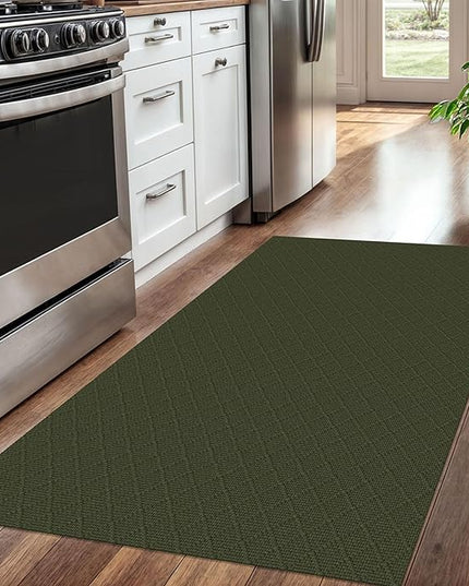 KOZYFLY Area Rug 3x5 Ft Washable Rugs for Entryway Non Slip Rubber Backed Throw Rugs Indoor Door Mat Woven Cotton Floor Carpet for Front Door Entrance Foyer Kitchen, Dark Green