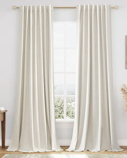 Guken Cream Linen Blackout Curtains 120 Inch Length 2 Panels Set for Living Room Bedroom Back Tab Thermal Insulated 100% Black Out Linen Drapes Room Darkening Window Curtains