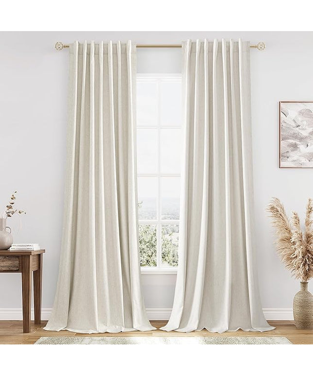 Guken Cream Linen Blackout Curtains 120 Inch Length 2 Panels Set for Living Room Bedroom Back Tab Thermal Insulated 100% Black Out Linen Drapes Room Darkening Window Curtains
