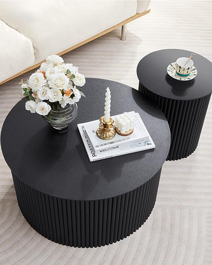 Fluted Round Nesting Coffee Table Set of 2, Mid Century Modern Wood Coffee Table and End Table Set, Minimalist Center Tables Circle Side Table for Living Room, Office(Black