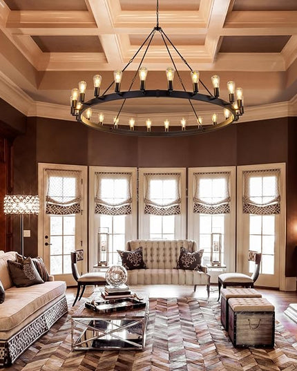 TOCHIC 60 Inch Large Black Chandelier, Modern Farmhouse Wagon Wheel Chandeliers 22-Light Industrial Round Chandelier Light Fixture for High Ceiling Dining Living Room Bedroom, Hallway, Entryway, Foyer