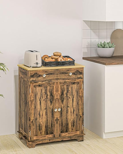 HOMCOM Sideboard with Solid Wood Countertop, Modern Kitchen Storage Cabinet, Coffee Bar Cabinet with 2 Drawers, Doors and Adjustable Shelf, Rustic Brown