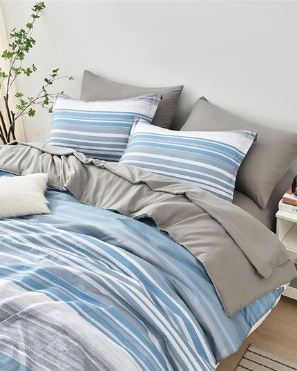 KAKIJUMN 7 Piece Bed in a Bag Stripe Comforter Set Queen Size, White Grey Blue Patchwork Striped Comforter and Sheet Set, All Season Soft Microfiber Complete Bedding Set(Light Blue,Queen)