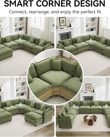137'' V Shaped Cloud Sectional Sofa, Oversized Deep Seat Couches for Living Room, Chenille Comfy Upholstered Modular Sectional Sofa Couch, Green
