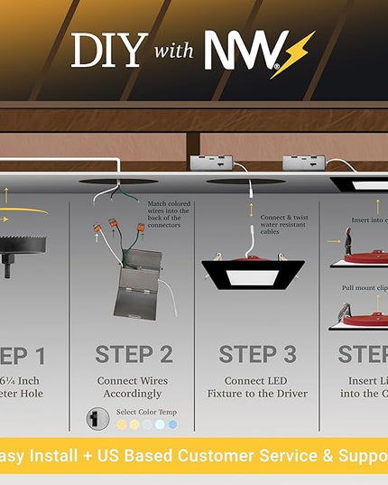 NUWATT 2 Hour Fire Rated Recessed Lighting 6 Inch, Square LED Lights, 5 CCT 2700K/3000K/3500K/4000K/5000K, 15W, Dimmable 1200LM, Black Recessed Lights, Wet & IC Rated, ETL, No Tenmat Needed, 6 Pack