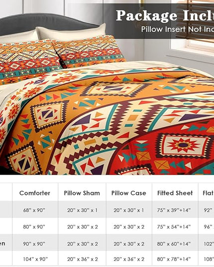 Comforter Set Queen Size, Colorful Tribal Mexico 7 Pcs Bedding for Kids and Adults, Mexican Aztec Sun Bed Sheet Sets with Fitted Sheet 2 Pillowcases & 2 Shams for Bedroom Bed Decor