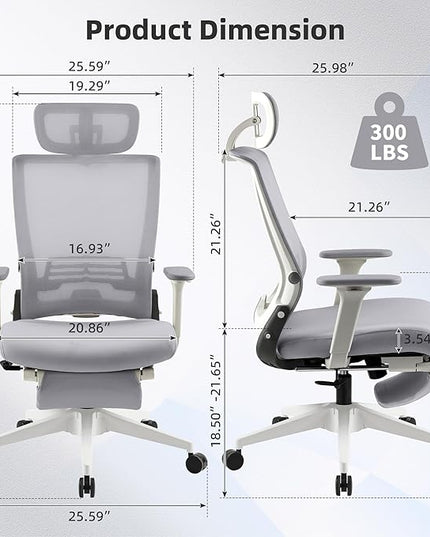 Foldable Office Chair with Foot Rest, Ergonomic Office Chair with Adjustable Lumbar Support, Headrest, Armrest, Home Office Desk Chairs for Space Saving, Grey