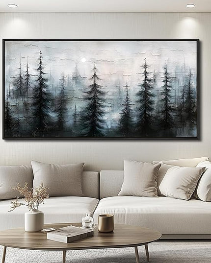 XIGUANGART Misty Forest Canvas Wall Art Nature Landscape Pictures Farmhouse Abstract Tree Watercolour Painting Wall Decor Living Room, Bedroom Home Office Decorations Artwork Black Framed Large 60x30