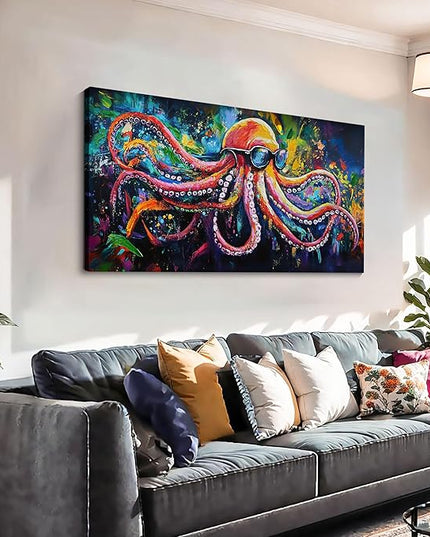 JEAWA Large Canvas Wall Art - Funny Octopus Wearing Sunglasses Modern Graffiti Texture Wall Painting for Living Room Bedroom Men Teenage Boy Room Game Room Cool Posters Decor 24x48 IN