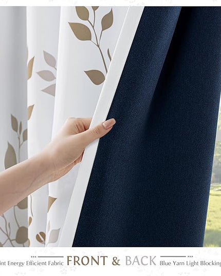 Beauoop Floral 100% Blackout Curtains 90 Inches Long 2 Panels for Bedroom Living Room Tan Brown and White Flower Patterned Room Darkening Thermal Soundproof Grommet Window Treatments Drapes, 52X90
