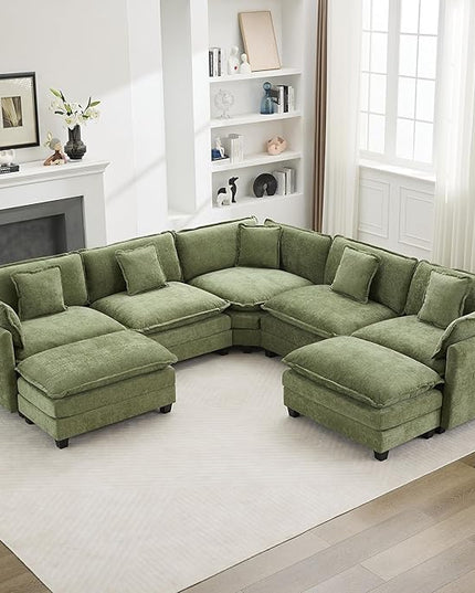 137'' V Shaped Cloud Sectional Sofa, Oversized Deep Seat Couches for Living Room, Chenille Comfy Upholstered Modular Sectional Sofa Couch with 2 Movable Ottoman, Green