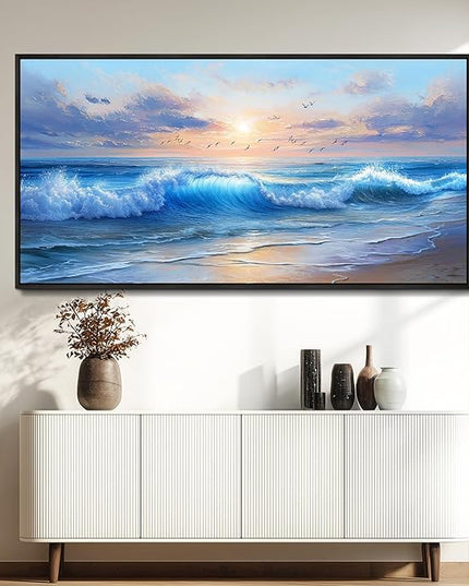 XIGUANGART Ocean Canvas Wall Art, Blue Sea Wave and Large Coastal Beach Paintings Sunset Seascape Pictures Artwork Wall Decor for Living Room Bedroom Bathroom Kitchen Hallway Home Office Black Framed