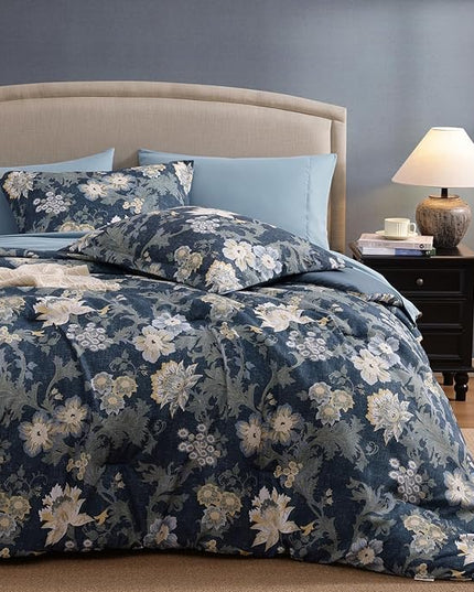 Full Comforter Set -7 Pieces Floral Navy Blue Comforter Set for All Seasons, Bed in a Bag Full with Botanical Flowers Comforter, Sheets, Pillowcases & Shams