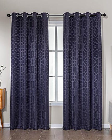 Amazon Basics Jacquard 2-Piece 100% Blackout Curtains, Living Room and Bedroom Drapes, Thermal Insulated Window Treatment, 42"x84", Dark Blue