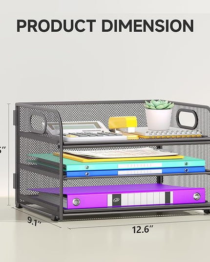3 Tier Paper Organizer with Handle, Metal Desk Organizer Mesh Paper Letter Tray Desktop File Folder Document Sorter for Classroom, School, Office Accessories Organization and Storage - Grey