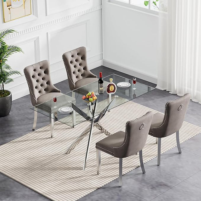 60" Glass Dining Table Set for 4, Modern Dining Room Table Set for 4, Silver X-Shape Pedestal Glass Table with 4pcs Gray Dining Chairs, 5 Piece Dining Set for Dining Living Room