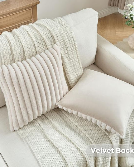 FUTEI Light Beige Throw Pillow Covers Set of 2, 28x28 Inch Striped Texture Euro Pillow Shams with Soft Faux Rabbit Fur Front & Velvet Back, Modern Decorative Couch Pillows for Living Room