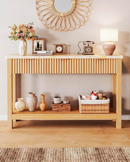 47.2" Fluted Console Table with 3 Drawers, Long Sofa Table with Storage Behind Couch, Modern Entryway Table with Power Outlet & Open Storage for Entrance/Hallway/Foyer/Living Room, Oak