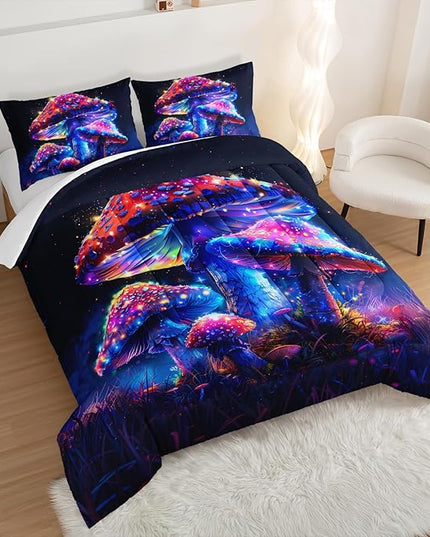 Luminescent Mushroom Comforter Set Full Size,Natural Wild Fungus Bedding for Kids Boys Girls Room Decor,Wild Botanical Theme Bedding Sets with 2 Pillowcases.