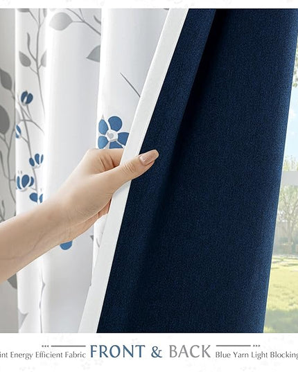 Beauoop Floral 100% Blackout Curtains 84 Inch Length 1 Panel for Patio Sliding Door Extra Wide Blue Grey Flower Patterned Divider Room Darkening Thermal Soundproof Grommet Window Drapes,100x84, 1 Set