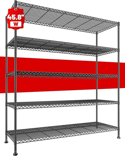 REIBII 45.8“W Metal Shelving Storage Shelves, 5-Tier Wire Shelving Unit,Heavy Duty Garage Shelving, Adjustable Storage Rack for Restaurant Pantry Kitchen Dining Room Supermarket Commercial Black