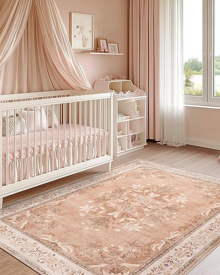jinchan Vintage Floral 3x5 Area Rugs for Entryway - Machine Washable Distressed Design Ultra-Thin Low-Pile Soft Non-Shedding Carpet for Kitchen Bedroom Entrance Laundry Living Room (3x5ft, Coral Pink)
