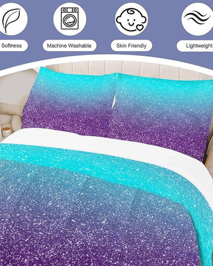 Glitter Comforter Set Queen Size 3D Gradient Bedding Set for Girls Kids Adults, Gradient Glitter Themed Bedding in A Bag Blue Purple Sparkly Galaxy Bedding Set for Kids Bedroom Decor