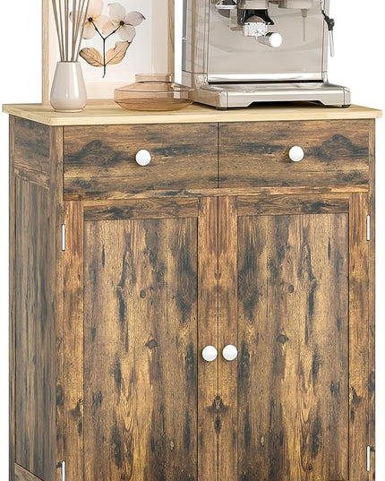 HOMCOM Sideboard with Solid Wood Countertop, Modern Kitchen Storage Cabinet, Coffee Bar Cabinet with 2 Drawers, Doors and Adjustable Shelf, Rustic Brown