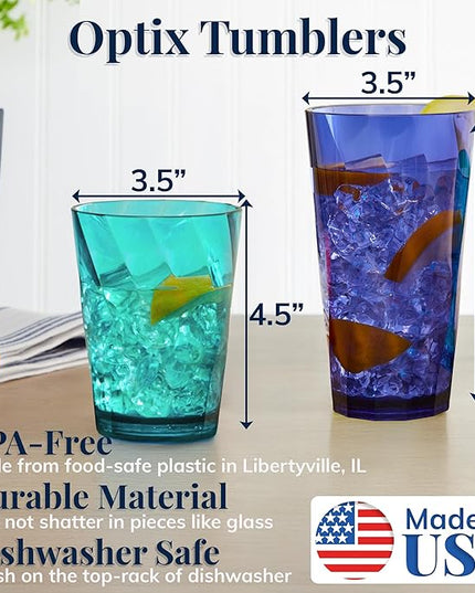 US Acrylic Optix Plastic Reusable Drinking Glasses (Set of 16) 14oz Rocks & 20oz Water Cups in Coastal Colors | BPA-Free Tumblers, Made in USA | Top-Rack Dishwasher Safe
