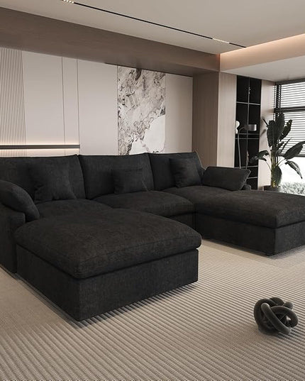 Cloud Modular Sectional Sofa Couch for Livingroom,119inch Down Filled U Shaped Couch with Wide Seat,Convertible Sectional Sofa with Ottoman,Covers Washable&Replaceable,Black