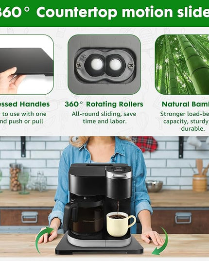 Appliance Slider 360° Rolling Tray for Coffee Maker Bamboo Coffee Pot Slider Tray Countertop Rotation Sliding Tray with Wheels, Small Appliances Mat Easily from Under the Cabinet Black(13.9"×11.6")