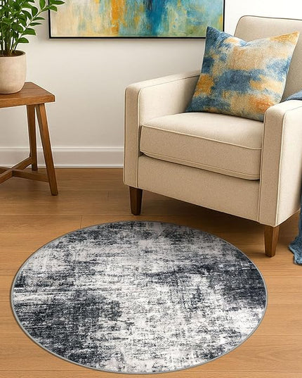 IOHOUZE Round Area Rug 3 Ft Circle Entryway Rugs Round Washable Door Mat Indoor Entrance, Non Slip Circle Front Door Rug, Printed Abstract Faux Wool Floor Carpet for Foyer Porch Sink, Black Grey
