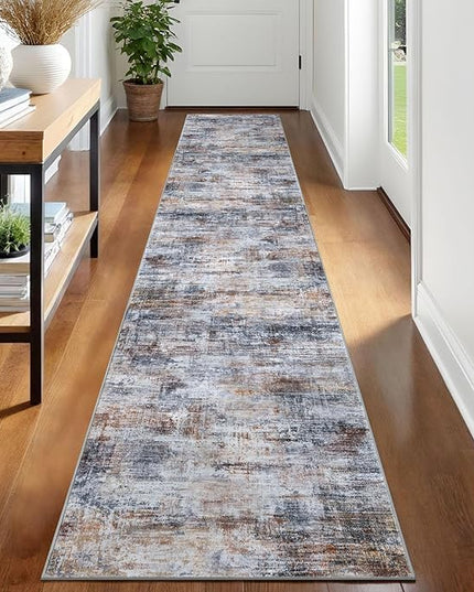 IOHOUZE Abstract Runner Rug 2x12 Ft Washable Runners for Hallways, Non Slip Kitchen Runner Printed Faux Wool Entryway Runner Indoor, Modern Abstract Floor Carpet for Hall Kitchen, Orange Grey
