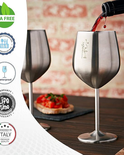Gusto Nostro Stainless Steel Wine Glass - 18 oz - Cute, Unbreakable Wine Glasses for Travel, Camping and Pool - Fancy, Unique and Cool Portable Metal Wine Glass for Outdoor Events, Picnics (Set of 4)