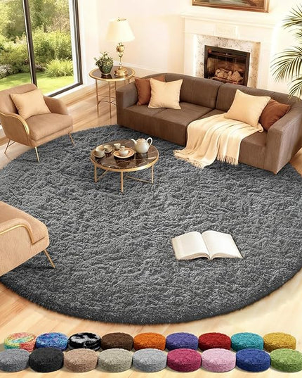 Ophanie Round Rug 8Ft Grey Circle Area Rugs, Large Fluffy Fuzzy Living Room Carpet 8 feet, Plush Shag Solid indoor Floor Gray Bedroom Christmas Circular Aesthetic Decor for Kids Teen Boys Baby,Nursery