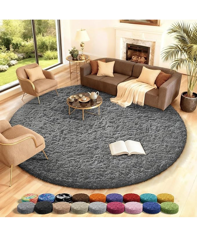 Ophanie Round Rug 8Ft Grey Circle Area Rugs, Large Fluffy Fuzzy Living Room Carpet 8 feet, Plush Shag Solid indoor Floor Gray Bedroom Christmas Circular Aesthetic Decor for Kids Teen Boys Baby,Nursery