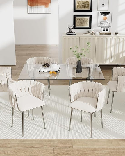 Silver Glass Dining Room Table Set for 6, 51'' Modern Luxury Rectangular Dinner Table Set, 7 PCS Clear Glass Top Minimalist Kitchen Table Set, Ivory Woven Dining Chair for Small Apartment