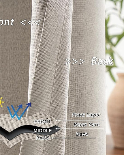 Full Blackout Linen Curtains 84 Inches Long for Bedroom, Heat Blocking Thermal Insulated Beige Linen Grommet Curtains Lightweight Vertical Privacy Drapes, Sand Beige, W52 x L84, 2 Panels