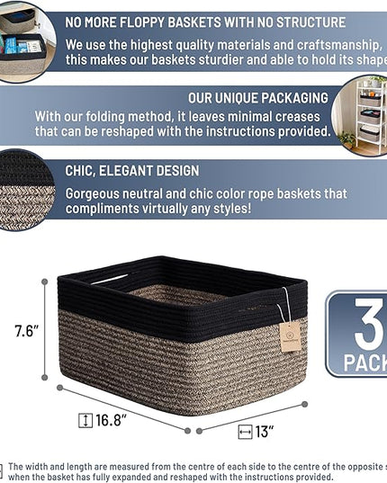 NaturalCozy Storage Baskets 16.8”x13”x7.6” Cotton Rope Woven Baskets for Organizing 3-Pack | Toy Storage Bins | Basket for Shelves, Laundry, Blanket, Clothes, Closet, Kitchen, Bathroom, Gifts