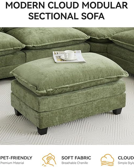 35‘’ Modern Chenille Cloud Sofa Ottoman,Rectangle Ottoman for Modular Sectional Sofa, Green
