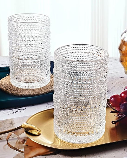 hobnail drinking glasses Highball Glasses Set of 4 12oZ Embossed Vintage Drinking Water Cocktail Whiskey Beverages Juice Milk Soda Gift for Men Women