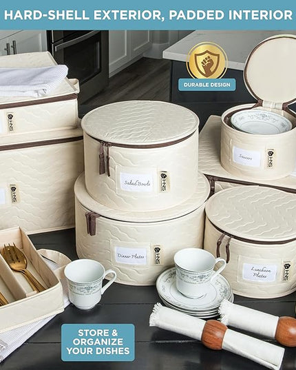 Hard Shell China Storage Containers 8-Piece Set Moving Boxes for Dinnerware, Glasses, Plates, Mugs and Saucers Sturdy Dish Organizer with Dividers for Seasonal Storage - Service for 12 - Beige Quilted