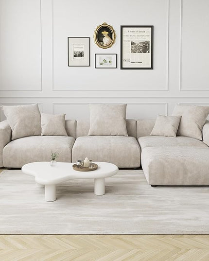JACH Sectional Couch with 5 Pillows, Luxurious Modular Sectional Couch with Chaise Ottoman, Cushion Covers Removable, Corduroy Modern Soft Couches for Living Room, Office (Beige)